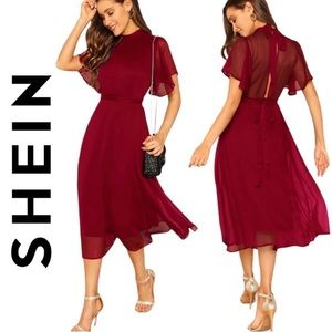 SHEIN Red Mock-Neck Dress Short Sleeves Tie Back Sheer Chiffon Lined Panel Large